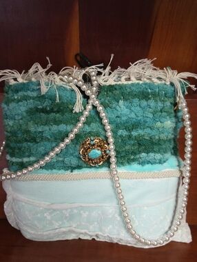 Turquoise & Aqua Handcrafted Fringe Tote Bag with Pearl Strap